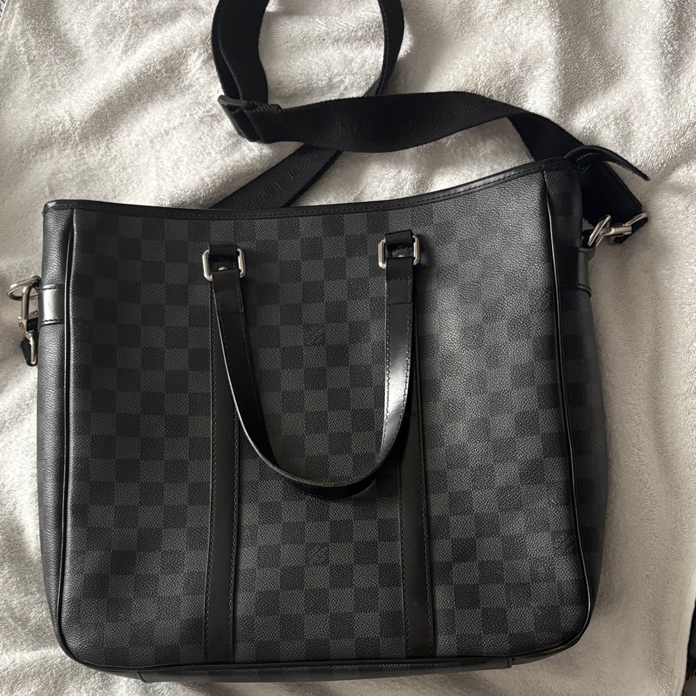 Black Checkered Leather Tote Bag - Men